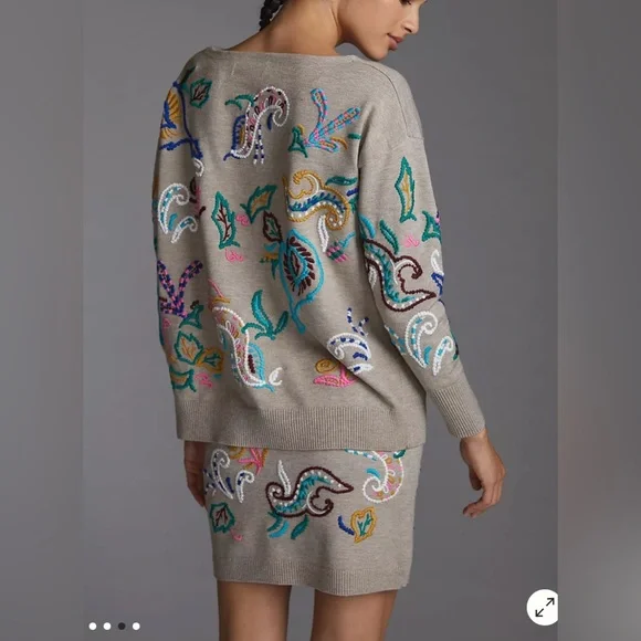 Anthropologie Embroidered Sweater  in Beige Size Large - Picture 7 of 17